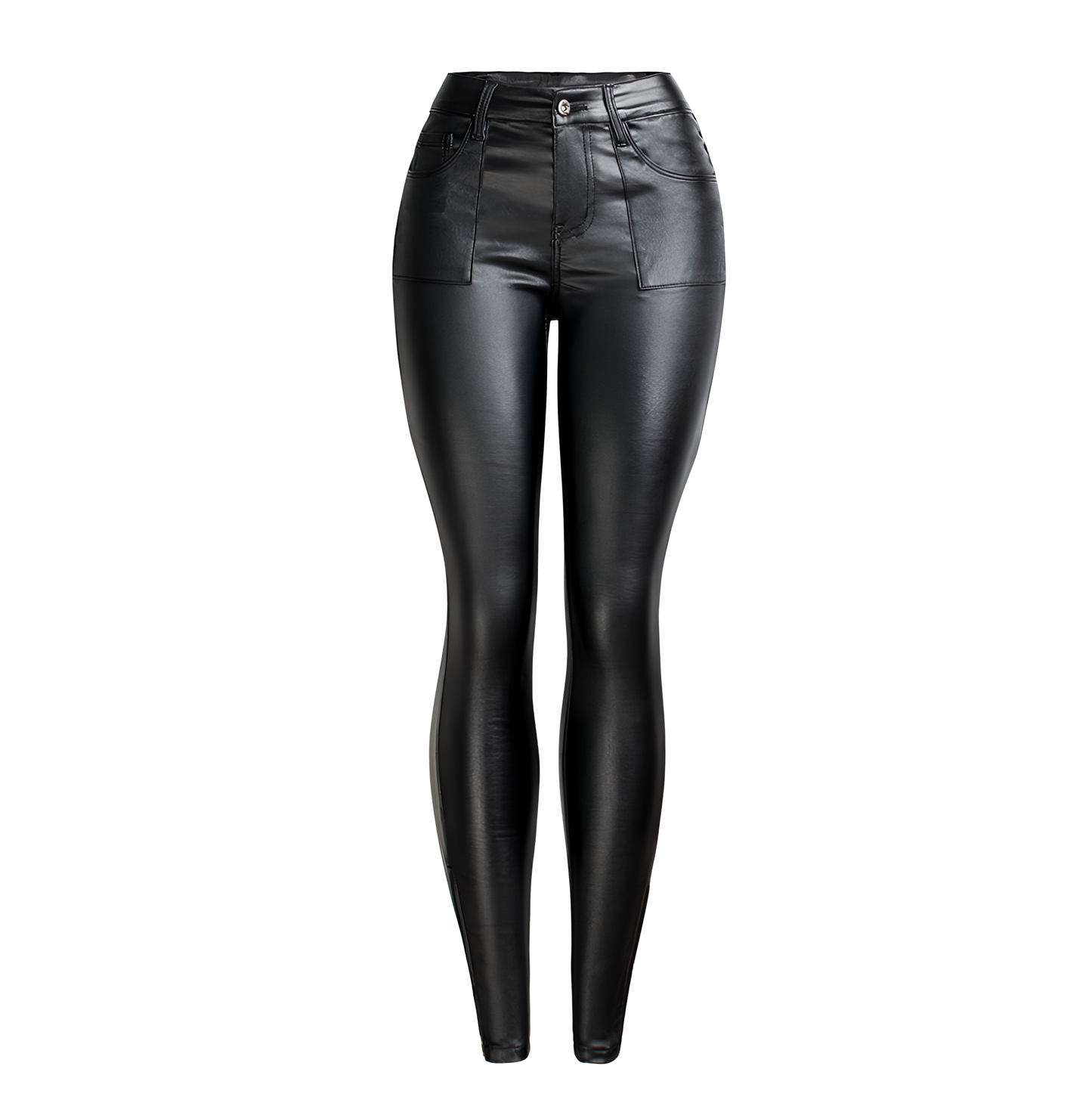 Black PU Leather Warm Fleece Pants Women`s Fashion Trousers Jeans