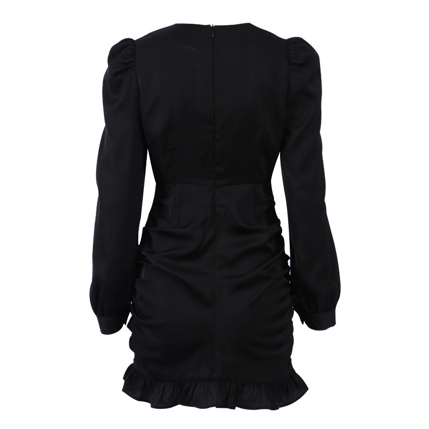 Women's Short Skirt Little Black Dress Slim Long Sleeved Temperament Pleated French Hepburn Style Dress