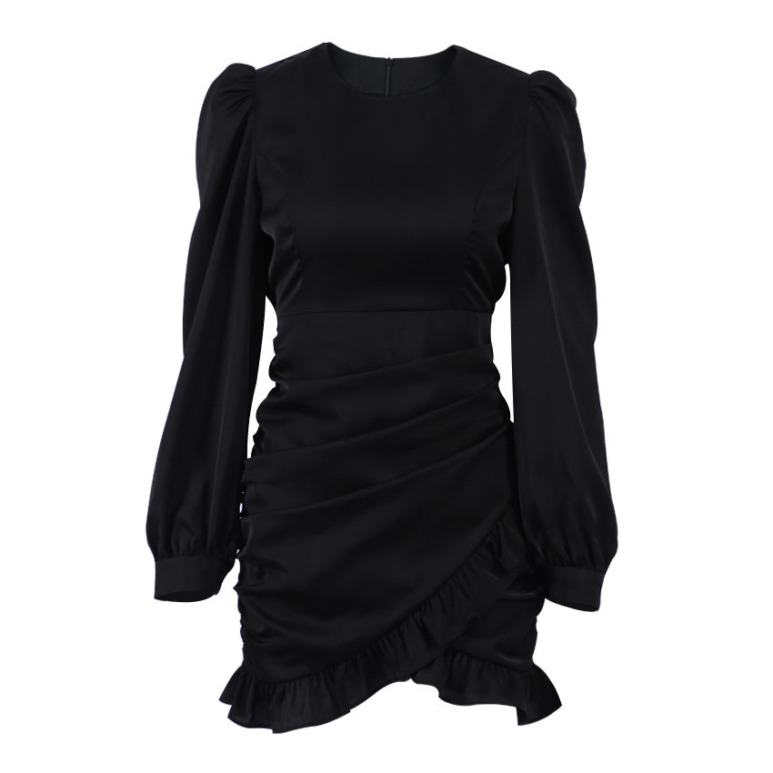 Women's Short Skirt Little Black Dress Slim Long Sleeved Temperament Pleated French Hepburn Style Dress